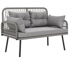 2-Seater Woven Resin Garden Sofa with Cushions and Pillows, Outdoor Sofa with Armrests, Dark Gray