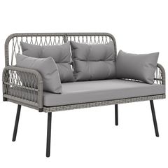 2-Seater Woven Resin Garden Sofa with Cushions and Pillows, Outdoor Sofa with Armrests, Dark Gray