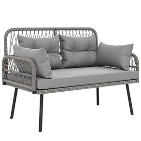 2-Seater Woven Resin Garden Sofa with Cushions and Pillows, Outdoor Sofa with Armrests, Dark Gray