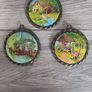 X3 vintage framed creative circle CrossStitch Embroided pictures wishing well, mill and fishing harbour Image 2