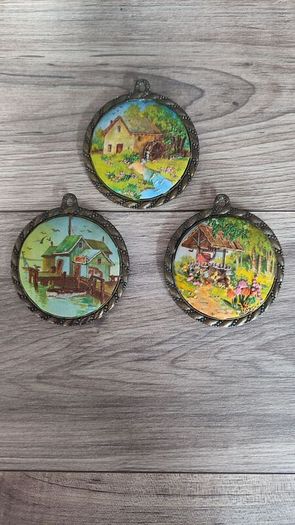 X3 vintage framed creative circle CrossStitch Embroided pictures wishing well, mill and fishing harbour