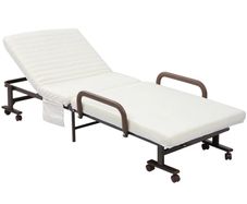 Folding Bed with Mattress, Single Guest Bed, Portable Fold Bed with Adjustable Backrest, Metal Frame on Wheels, White, 190 x 76 cm