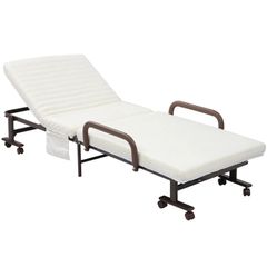 Folding Bed with Mattress, Single Guest Bed, Portable Fold Bed with Adjustable Backrest, Metal Frame on Wheels, White, 190 x 76 cm