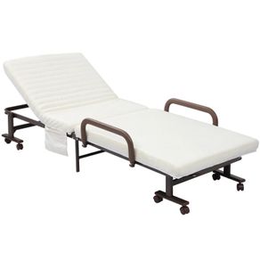 Folding Bed with Mattress, Single Guest Bed, Portable Fold Bed with Adjustable Backrest, Metal Frame on Wheels, White, 190 x 76 cm