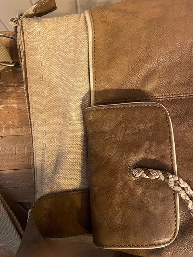 Radley brown leather and beige canvas crossbody bag