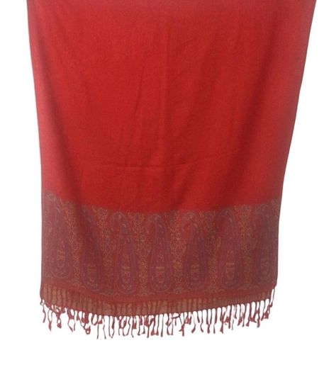 Ladies Red Paisley Rectangular Wrap Shawl With Tassle Fringe L 70 In X W 27 In