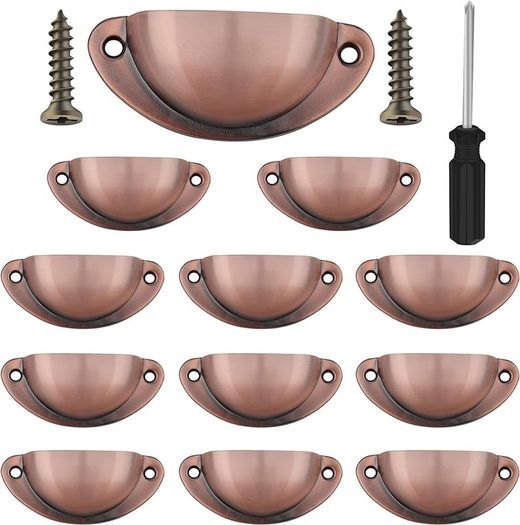 NEW SALE |  12 Pcs Vintage Half Moon Shell Cup Pull Handles for Cabinet Cupboard Door Dresser Wardrobe Drawer with Screws, 65mm Hole Centres, Brushed Copper