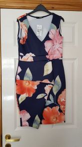 Navy Flower Print Peplum Dress - Size 12