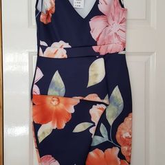 Navy Flower Print Peplum Dress - Size 12