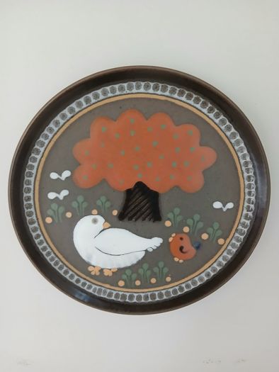 Vintage KMK Kupfermuhle Ceramic Wall Plate - Mid-Century West German Art Pottery - Bird & Tree Folk Art Decor