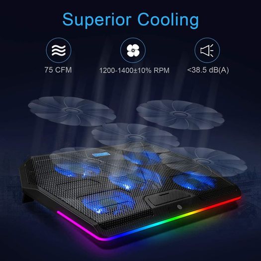 RGB Gaming Cooling Pad Quiet Laptop and Notebook Cooling Pad With 5 Fans, Touch Button and Blue LED Laptop Cooler fits 12"-19"