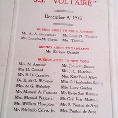 S.S. Voltaire. Passenger List plus Deck Sports Programme 1915.