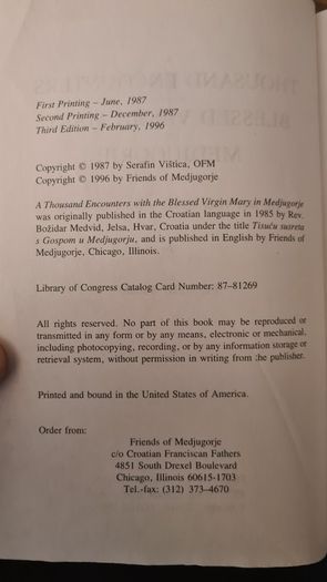 A Thousand Encounters With The Blessed Virgin Mary In Medjugorie. The Seer Vicka Speaks Of Her Experiences. Rare Paperback In Good Condition.