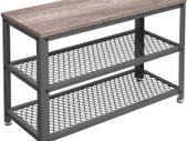 _shoe bench, shoe cabinet, shoe rack for sitting, shoe rack with 3 levels, metal frame, for entrance area, hallway, living room, industrial design, wood look, greige-gray,