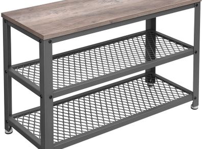 _shoe bench, shoe cabinet, shoe rack for sitting, shoe rack with 3 levels, metal frame, for entrance area, hallway, living room, industrial design, wood look, greige-gray,