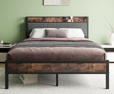 Double Bed Frames with Storage Headboard,Heavy Duty Metal Upholstered Platform Bed Frame Double Bed,Mattress Foundation