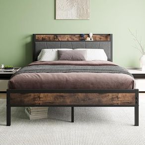 Double Bed Frames with Storage Headboard,Heavy Duty Metal Upholstered Platform Bed Frame Double Bed,Mattress Foundation