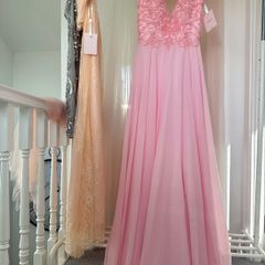 Blush Pink Deep V-Neck Beaded Sequin Lace-Up Chiffon Evening Gown