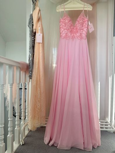 Blush Pink Deep V-Neck Beaded Sequin Lace-Up Chiffon Evening Gown