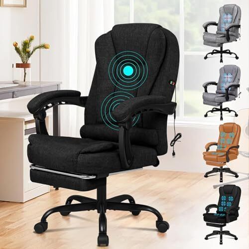 Massage Office Chair for Home Office, Desk Chair 77 cm High Back 150 degree Recliner Tilt Function Padded Swivel Fabric, Black