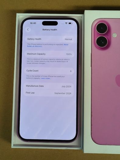 Apple iPhone 16 PLUS 128GB Factory Unlocked Pink Grade A Little Use (Its Original Battery: 100%)