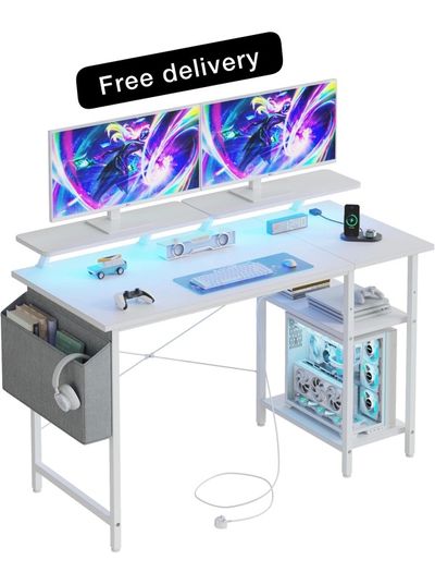 Gaming Desk with LED Lights & Power Outlets, Reversible