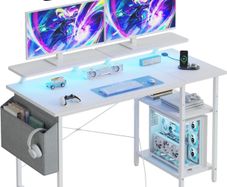Gaming Desk with LED Lights & Power Outlets, Reversible