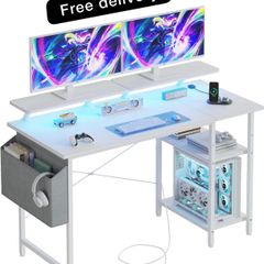 Gaming Desk with LED Lights & Power Outlets, Reversible