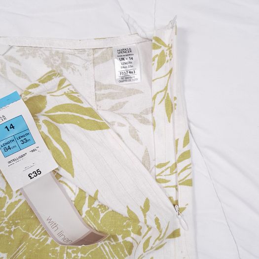 Marks & Spencer White Olive Green Floral Print A-line Midi Skirt 14UK/42EU