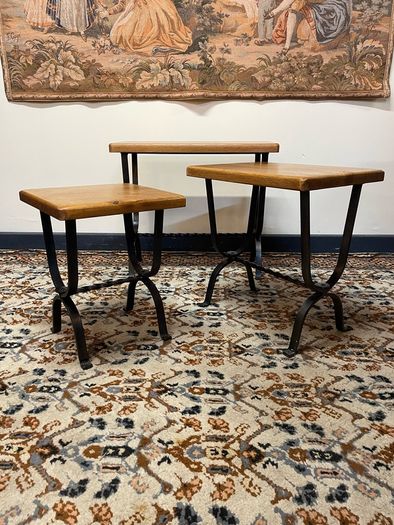 FLAS SALE ! WAS 350 NOW 250 ! Wrought Iron and Oak Top Nest of Tables .