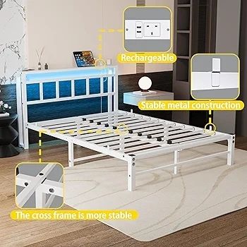 Double Bed Frame with Storage Headboard,4ft6 Bed Frame Double Bed Base with Charging Station and LED Lights,Metal Platform Double Bed 135x190,Mattress Base No Box Spring Needed,No Noise,White