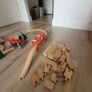 wooden train play set with two electric locomotives and lots of parts Image 5