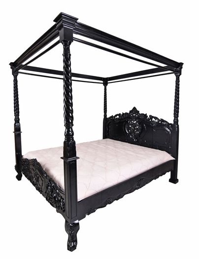 Majestic Black Solid Wood Mahogany Four-Poster Bed Royal Vintage Elegance