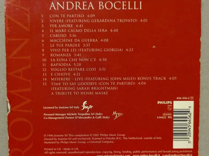 CD Andrea Bocelli, VG condition.