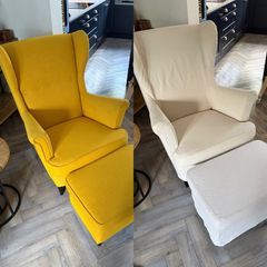 IKEA Strandmon Wing Chair Armchair and Footstool Yellow plus Beige Covers Slipcover