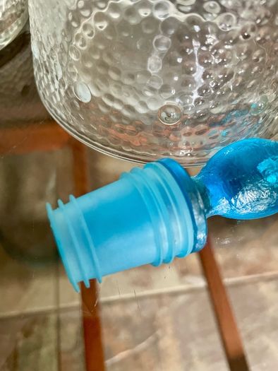 Set of Glass Genie Bottles with Turquoise Blue Flame Stoppers and Tall Containers with Mushroom Lids MCM Retro