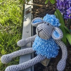 Handmade Crochet Lamb Plushie - Blue & Grey, 30cm