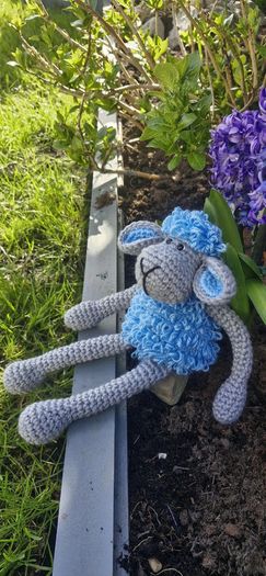Handmade Crochet Lamb Plushie - Blue & Grey, 30cm