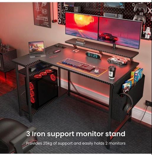 L Shaped Gaming Desk with LED Lights & Power Outlets, 120x80cm Corner Computer Table with Storage Bag & Adjustable Shelves & Large Monitor Stand, Home Office Study Workstation, Carbon Black