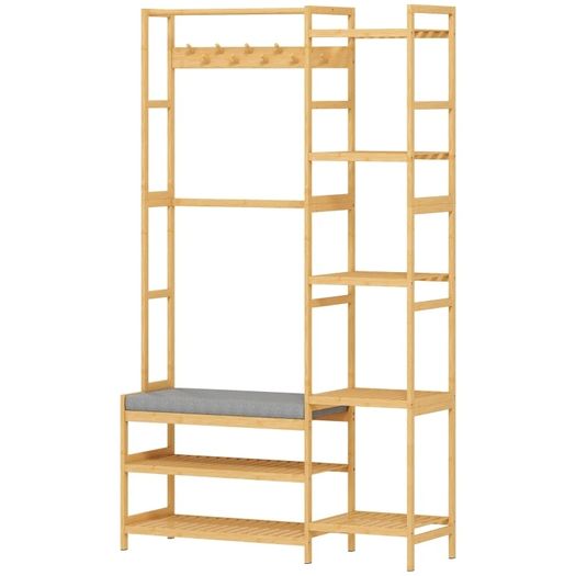 Coat rack with shoe shelf, clothes hooks, coat stand, bench with cushion, for hall, entryway, natural wood