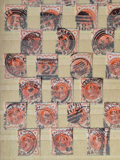 Great Britain Queen Victoria 1887. Jubilee Issue Bulk Study Lot. 72 Used Stamps on Stock Pages, 1/2d Vermilion and 2 1/2d Purple, Blue.