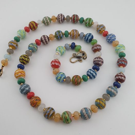 Antique Venetian Style MultiColor Stripe`Pattern Glass Beads Necklace