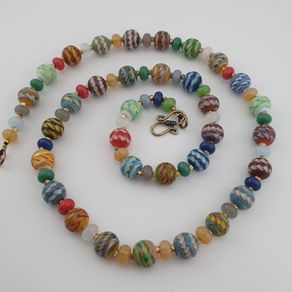 Antique Venetian Style MultiColor Stripe`Pattern Glass Beads Necklace