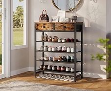 5 Tier Shoe Rack with 2 Drawers, Shoe Storage Organizer for 12-16 Pairs of Shoes, Modern Shoe Stand with Fabric Shelf for Entryway Closet Bedroom, Rustic Brown