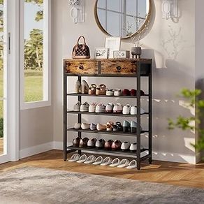 5 Tier Shoe Rack with 2 Drawers, Shoe Storage Organizer for 12-16 Pairs of Shoes, Modern Shoe Stand with Fabric Shelf for Entryway Closet Bedroom, Rustic Brown