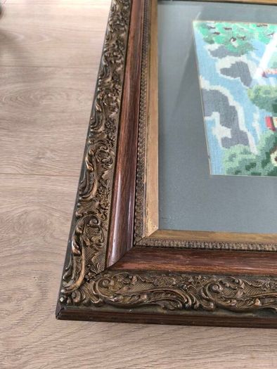 Vintage Hand Stitched Needlepoint Tapestry in Ornate Frame wall art Le Digeonier cottage