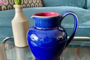 Denby Harlequin Jester Pitcher Cobalt Blue and Claret Stoneware Jug Posy Vase