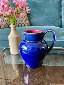 Denby Harlequin Jester Pitcher Cobalt Blue and Claret Stoneware Jug Posy Vase