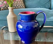 Denby Harlequin Jester Pitcher Cobalt Blue and Claret Stoneware Jug Posy Vase