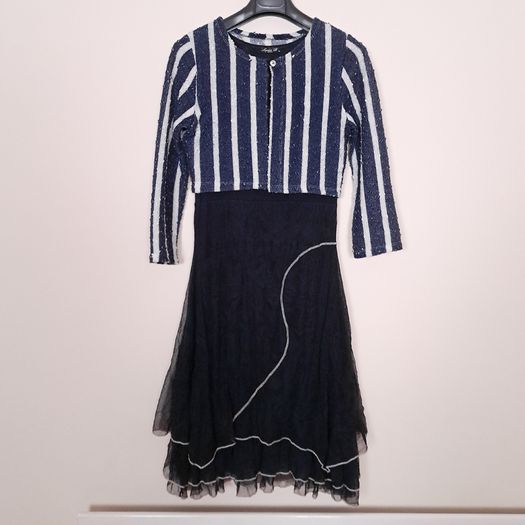 Sophie B Navy Blue White Striped Bolero Cardigan Tiered Mesh Midi Dress 12UK/40EU